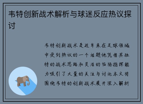 韦特创新战术解析与球迷反应热议探讨
