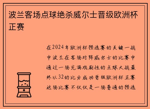 波兰客场点球绝杀威尔士晋级欧洲杯正赛