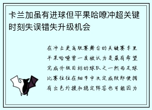 卡兰加虽有进球但平果哈嘹冲超关键时刻失误错失升级机会 卡兰加虽有进球但平果哈嘹冲超关键时刻失误错失升级机会
